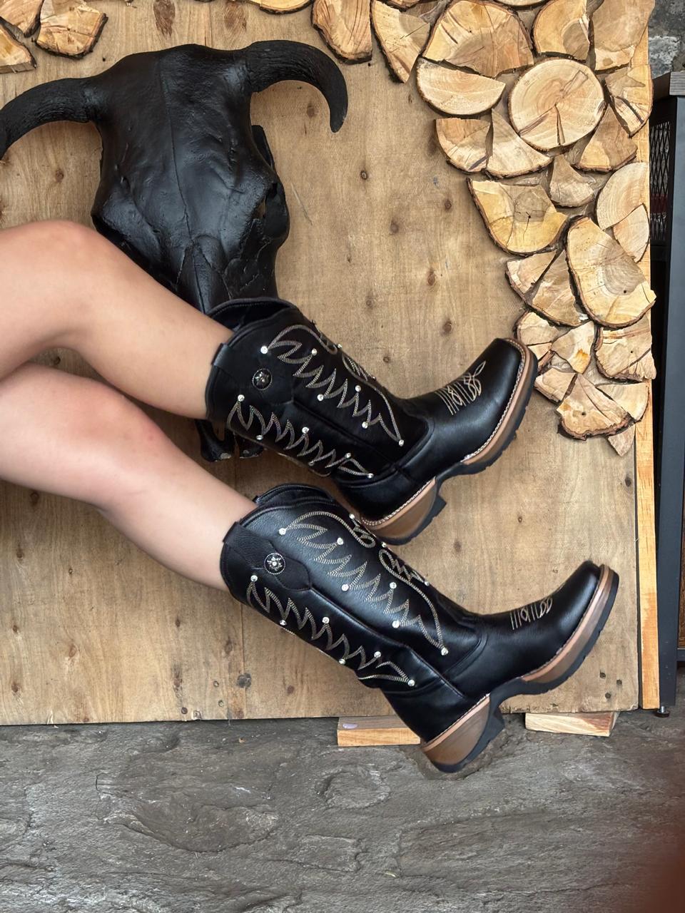 Botas Dama Negra con Brillos 100% Piel Bovino